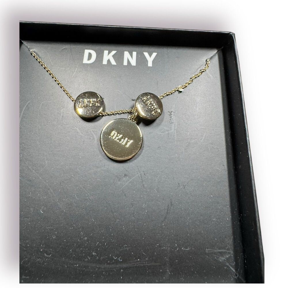 DKNY Women's Gold Logo Earrings and Necklace Logo Pendant Set w/ Box‎